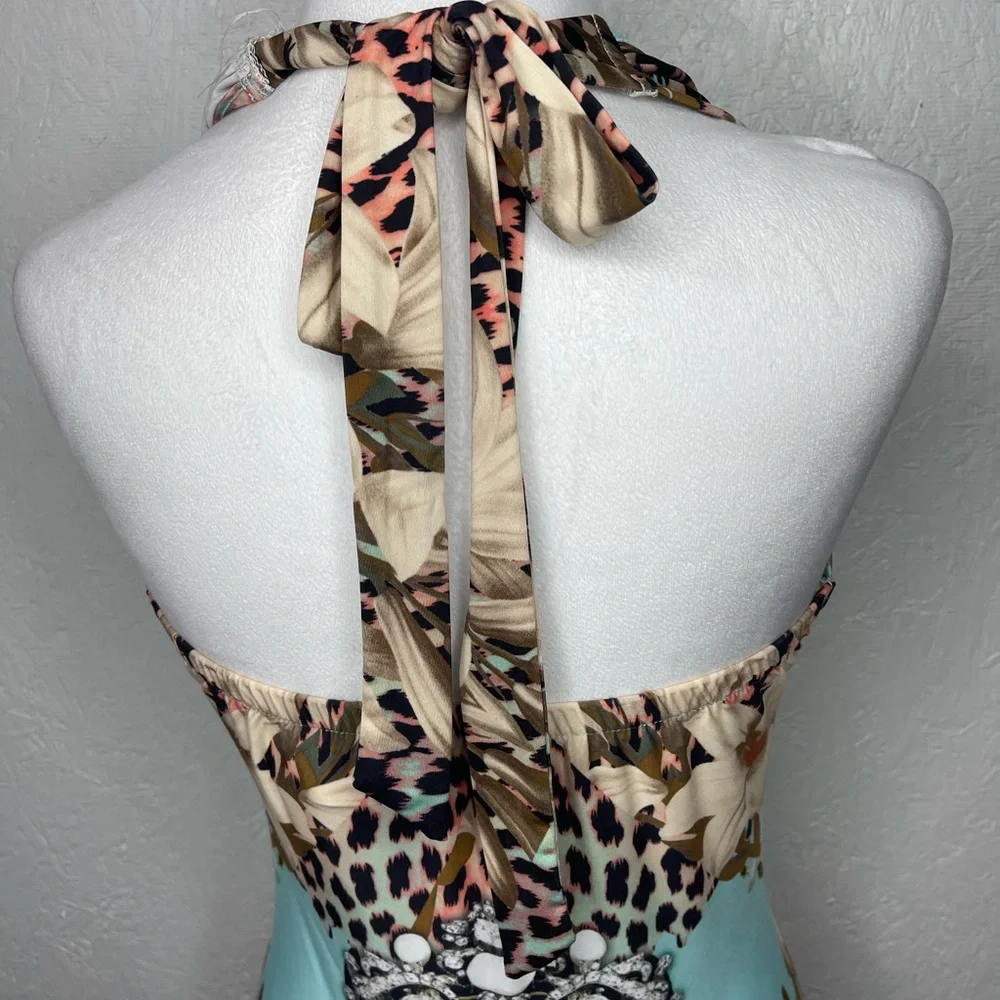 Venus Tropical Floral Leopard Print V-Neck Bodycon Halter Maxi Dress Sm Resort - Picture 10 of 13